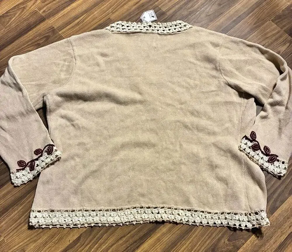 Storybook Knits Beige Cardigan with Maroon Floral Applique and Crochet Trim - Picture 2 of 4